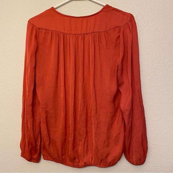 Zara Basic coral orange V-neck silky long sleeve blouse top elastic hemline-S - Picture 6 of 7